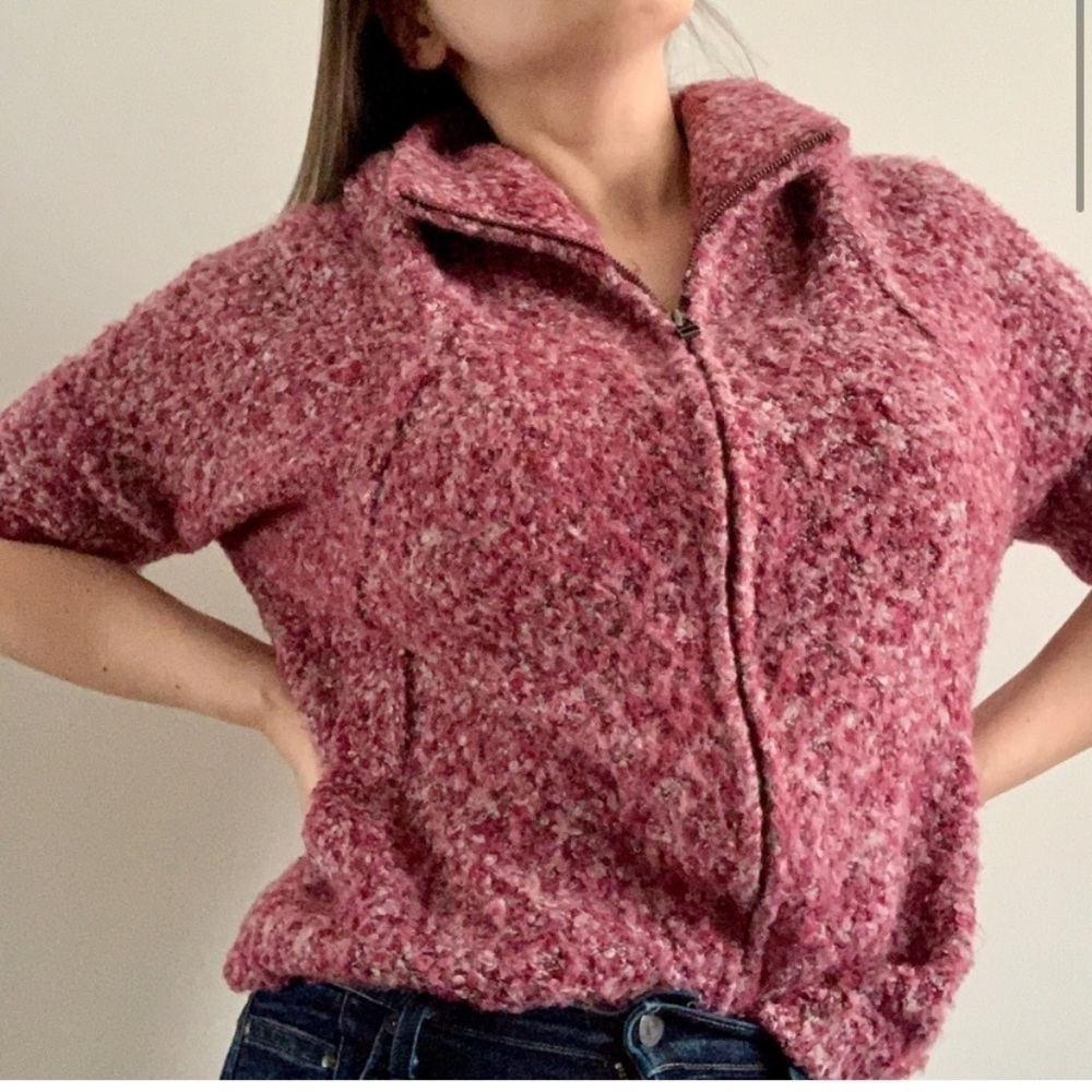 𝅺unique Mohair Knit Short Sleeve Zip Up Stretch Baggy Sweater Cardigan Coat - Picture 2 of 13